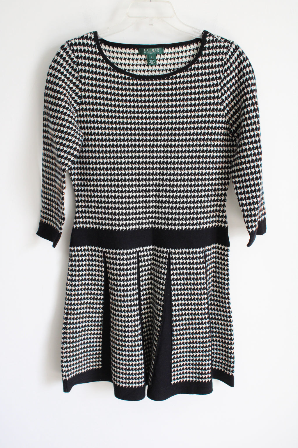 Ralph Lauren Black Cream Houndstooth Knit Pleated Dress | M