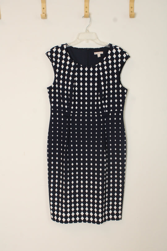 Ann Taylor Navy Blue and White Geometric Sheath Dress | 16