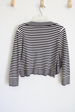 Talbots Dark Navy & Cream Striped Knit Cardigan | M Petite
