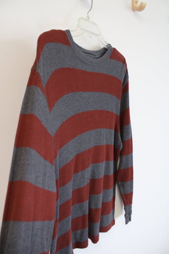 St. John's Bay Gray & Red Striped Waffle Knit Long Sleeved Shirt | L