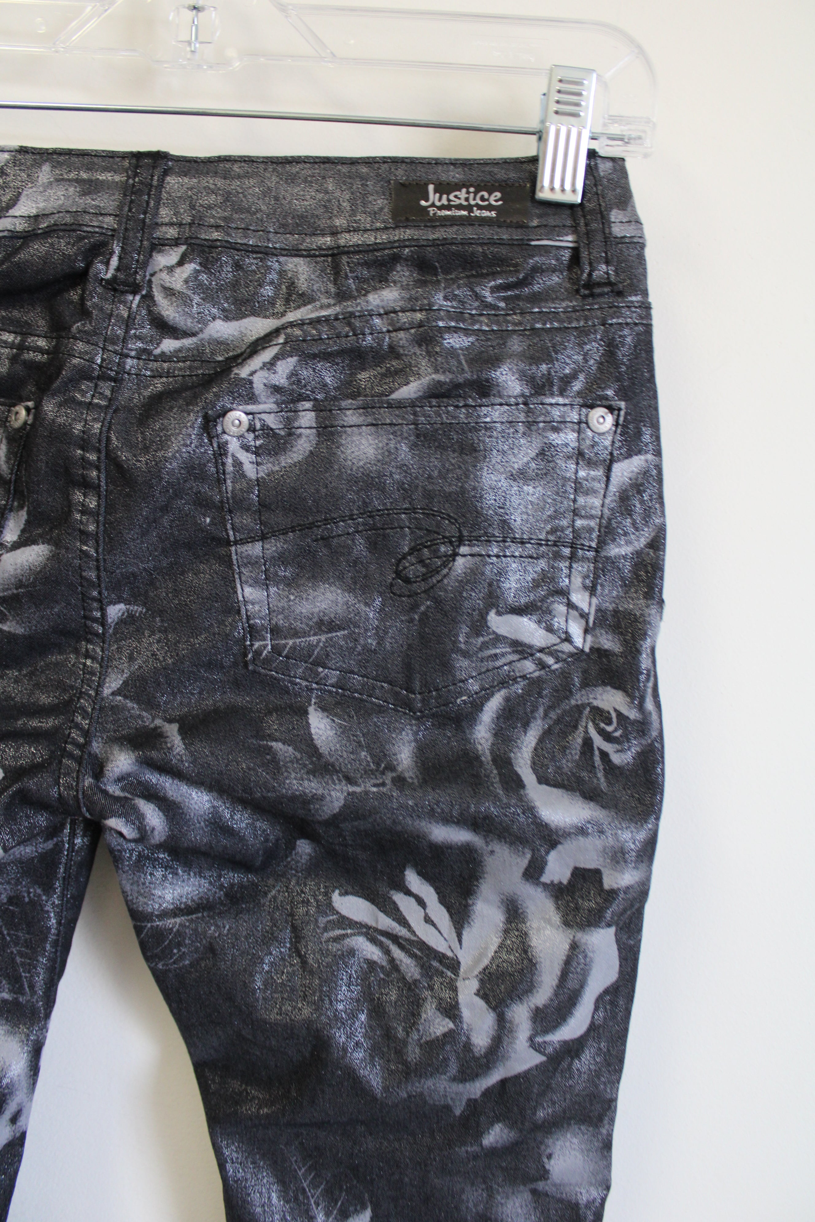 Justice Gray Floral Shimmer Jeans | 14