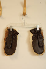 Vintage Dark Brown Leather Mittens with Fur Top