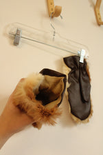 Vintage Dark Brown Leather Mittens with Fur Top