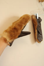 Vintage Dark Brown Leather Mittens with Fur Top