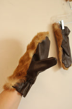 Vintage Dark Brown Leather Mittens with Fur Top
