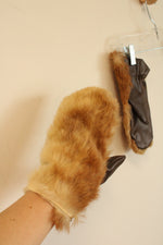 Vintage Dark Brown Leather Mittens with Fur Top