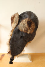 Angela & William Gray Herringbone Wool Blend Tweed Trapper Hat with Faux Fur | OSFM