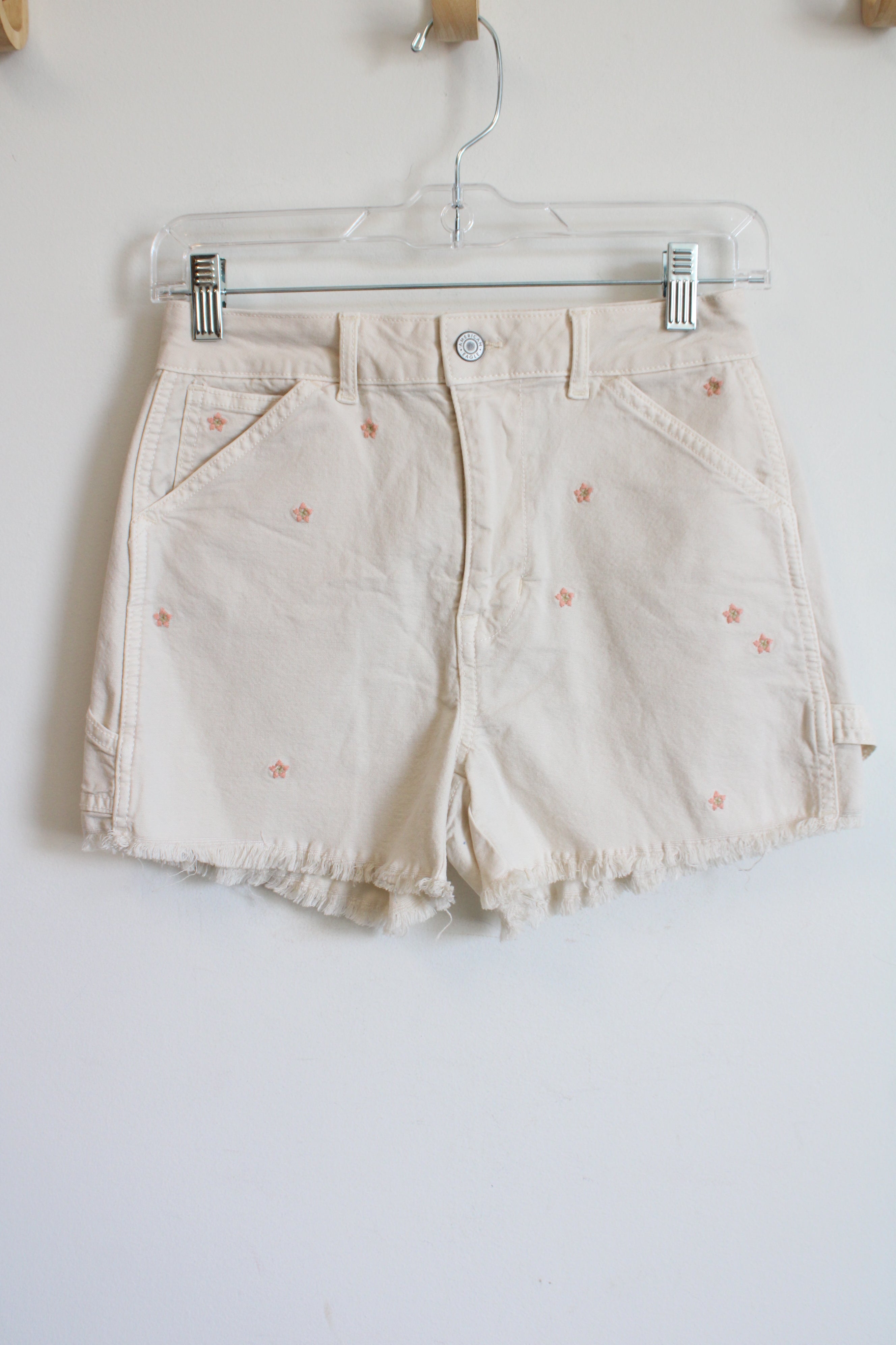 American Eagle Highest Rise 90's Boyfriend Cream Pink Flower Embroidered Short | 0
