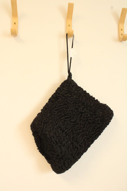 1940s Vintage Black Persian Lamb Fur Muff With Wrist Strap and Zipper Pocket