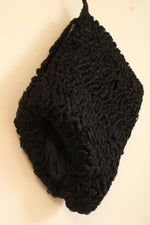 1940s Vintage Black Persian Lamb Fur Muff With Wrist Strap and Zipper Pocket