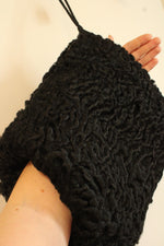 1940s Vintage Black Persian Lamb Fur Muff With Wrist Strap and Zipper Pocket