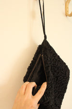 1940s Vintage Black Persian Lamb Fur Muff With Wrist Strap and Zipper Pocket