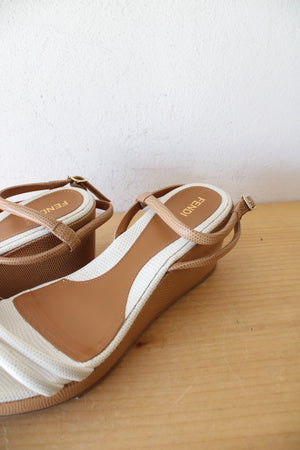 Fendi Brown & White Strappy Wedge Sandals | Size 40