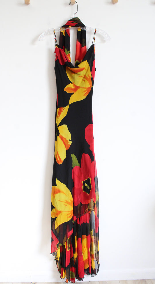 NEW Cache Vintage Black Red & Yellow Floral High/Low Silk Scarf & Dress | 4