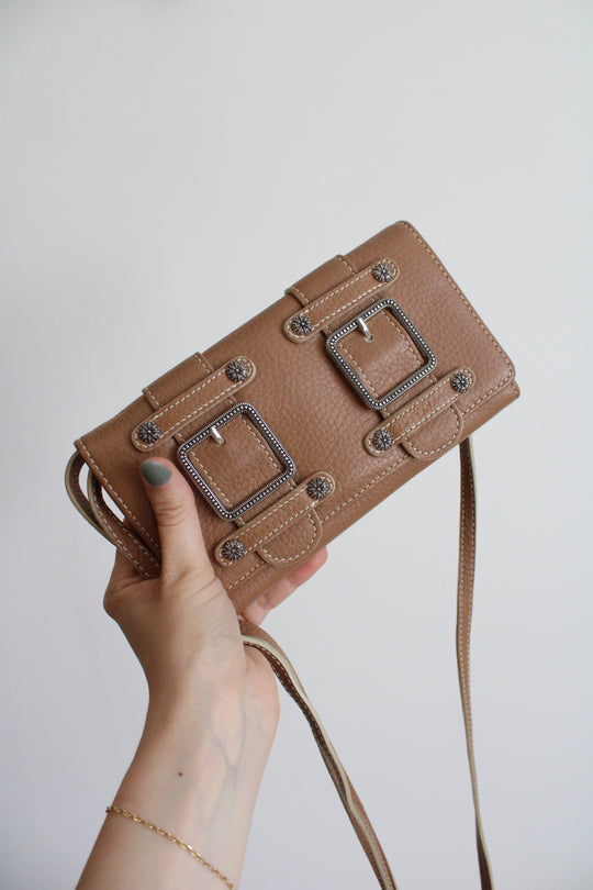 Brighton Tan Western Silver Belt Buckle Crossbody Pebble Leather Wallet Purse