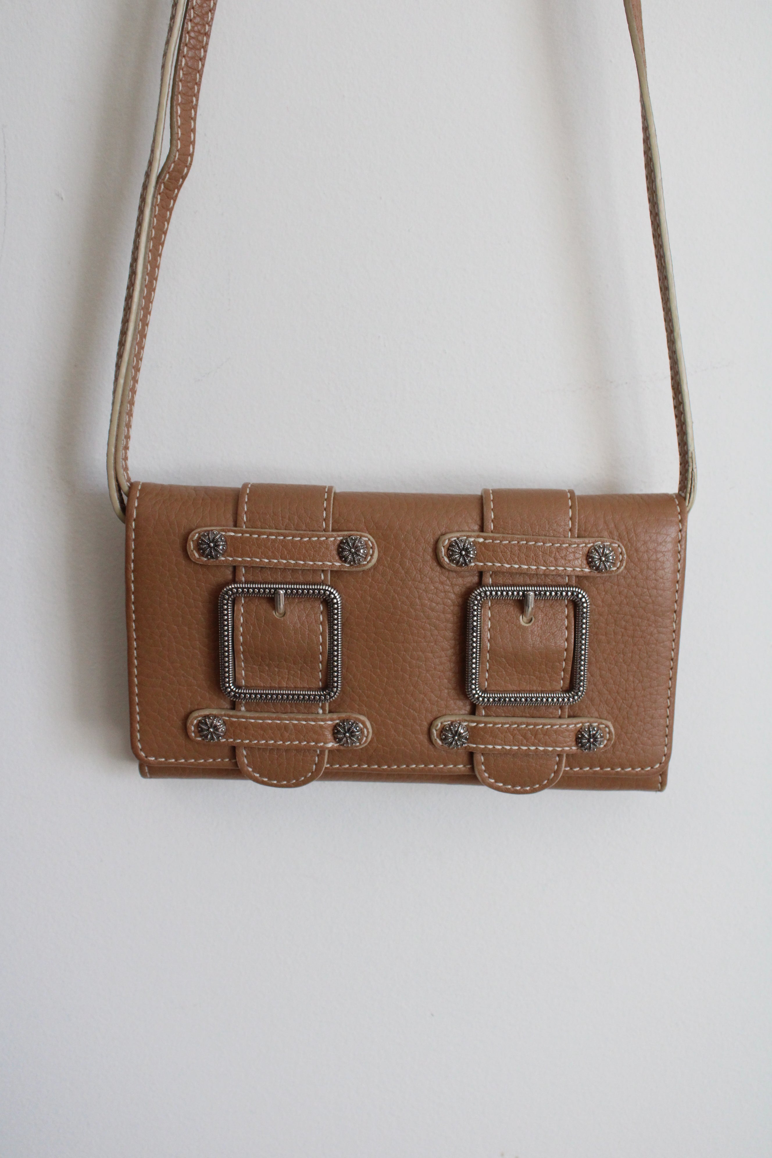 Brighton Tan Western Silver Belt Buckle Crossbody Pebble Leather Wallet Purse