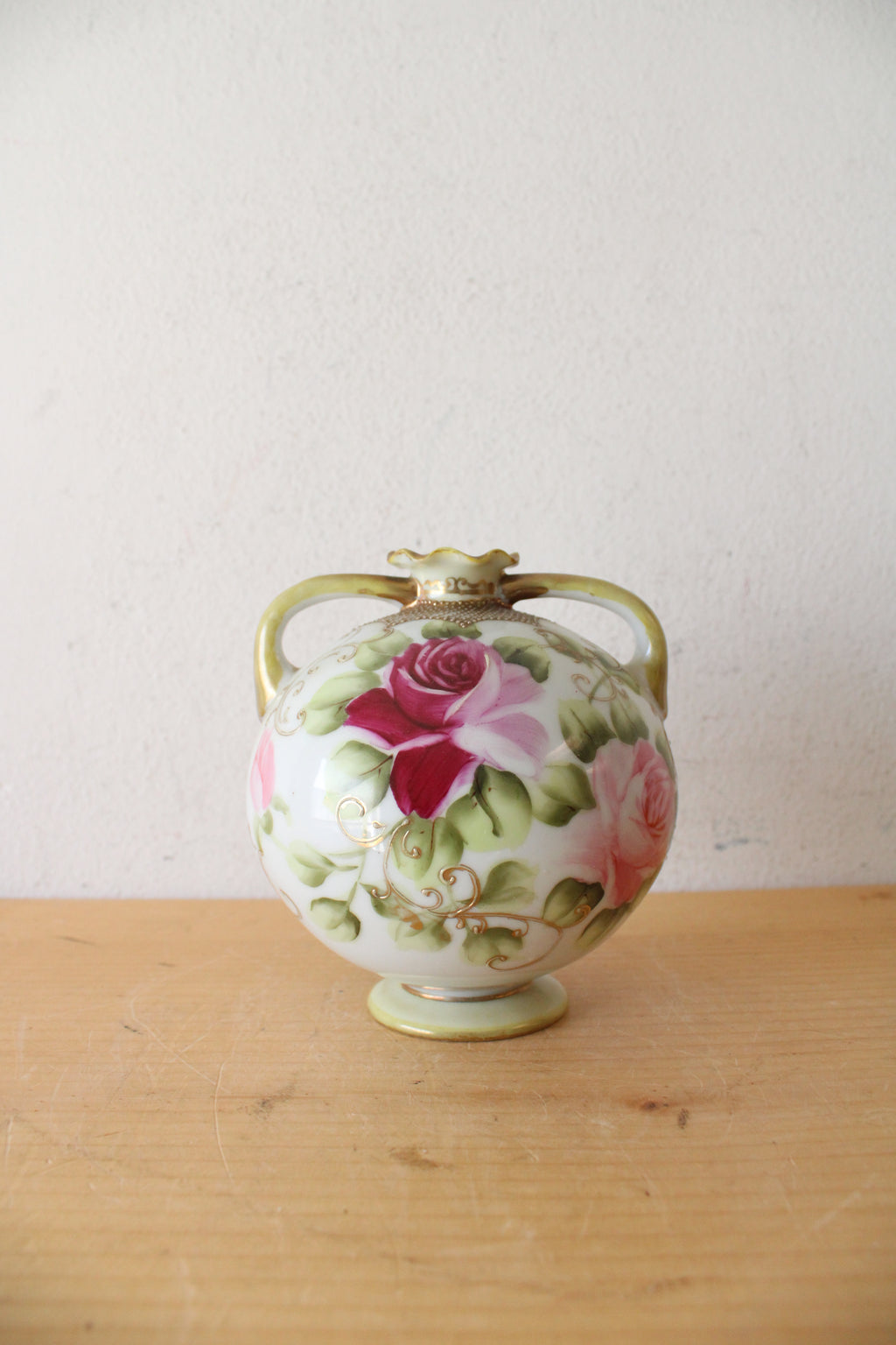 Vintage Nippon Hand Painted Rose Two-Handled Vase