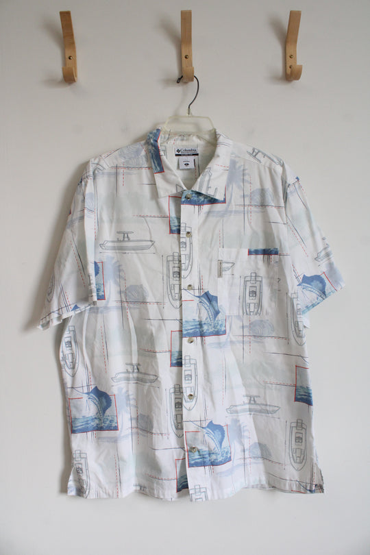 Columbia White Nautical Marlin Fish Button Down Shirt | XL