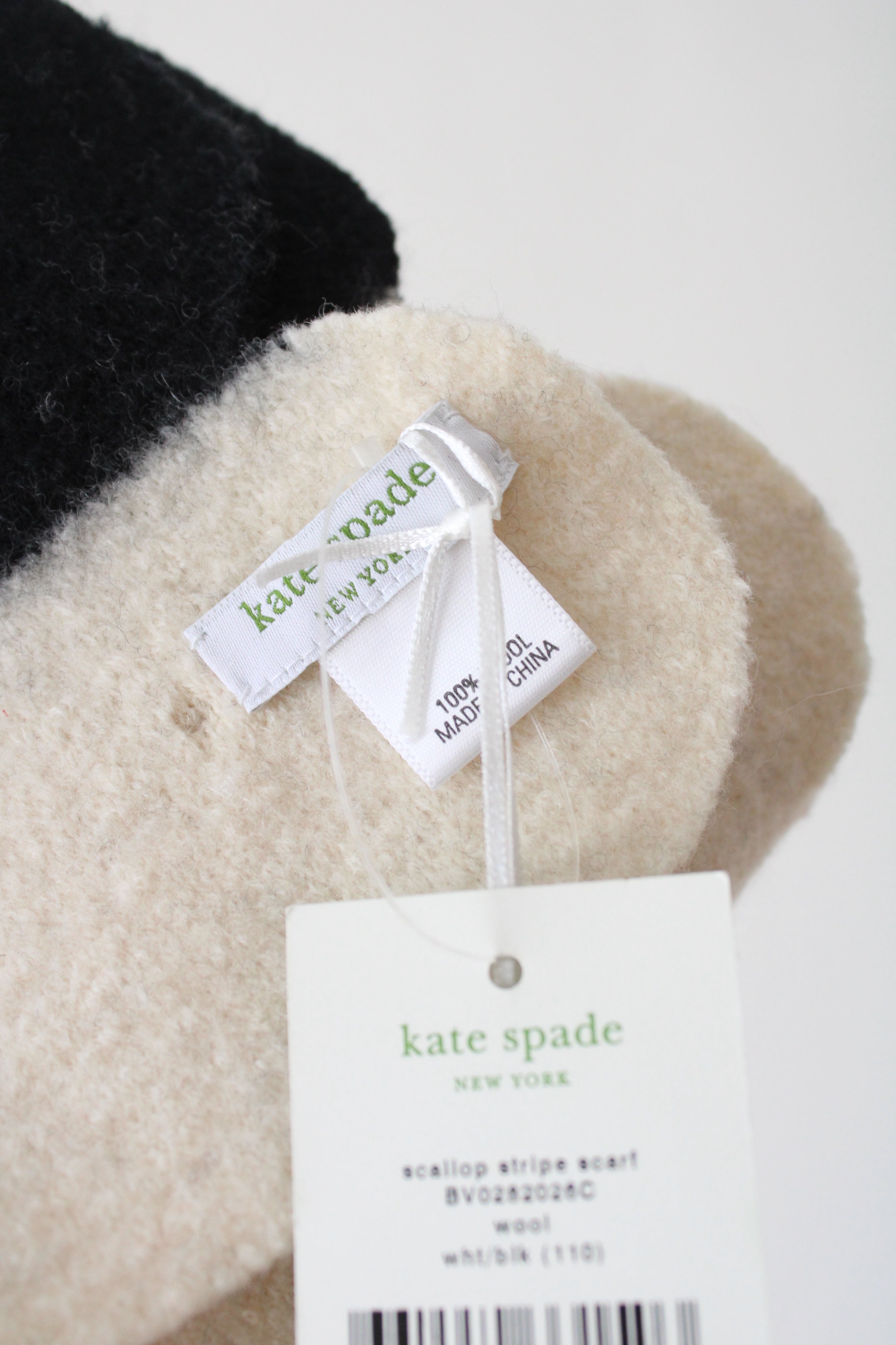 NEW Kate Spade Scalloped Black & White Stripe Wool Scarf