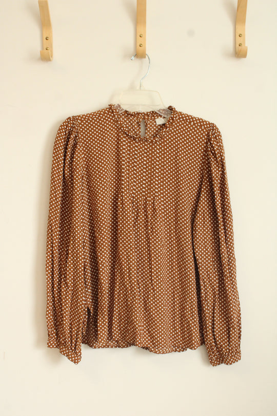 Loft Brown with White Dots Long Sleeve Blouse | S
