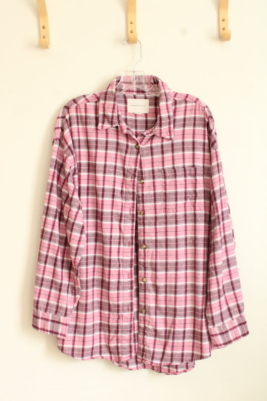 Aeropostale Pink and Mauve Plaid Button Up Shirt | M