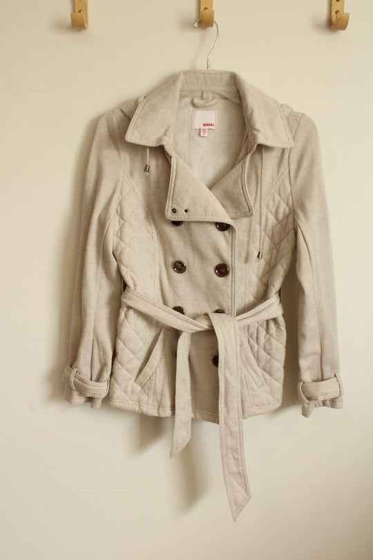 Bongo Light Tan Quilted Double Breasted Sweater Jacket with Hood | M