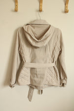 Bongo Light Tan Quilted Double Breasted Sweater Jacket with Hood | M