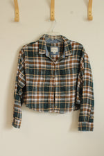 American Eagle Green and Tan Plaid Flannel Cropped Button up | M