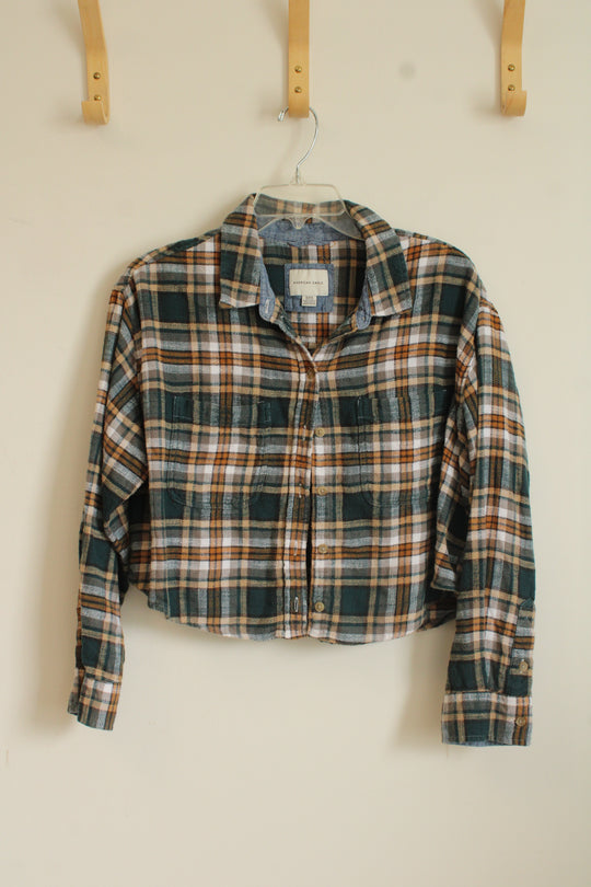 American Eagle Green and Tan Plaid Flannel Cropped Button up | M