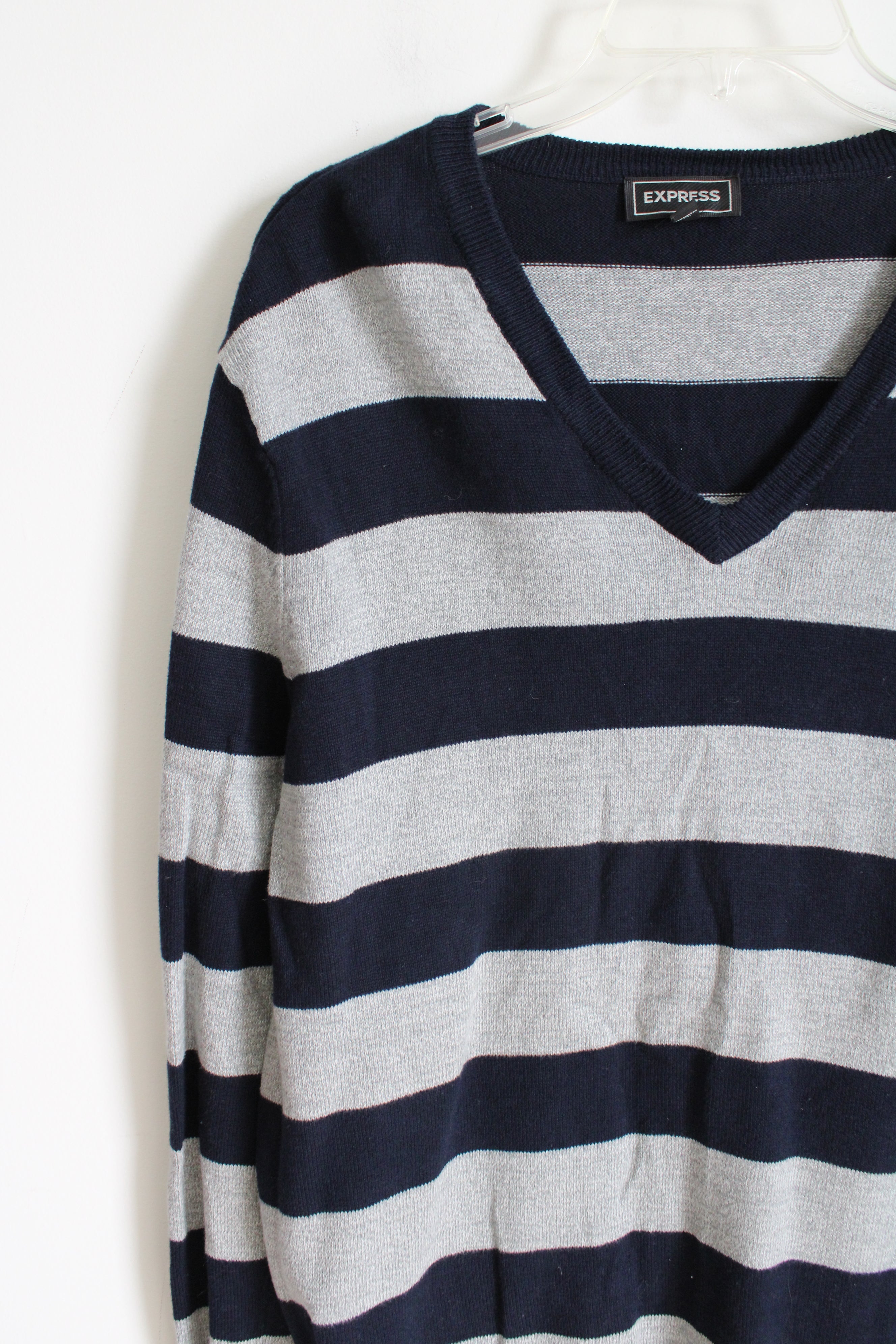 Express Navy Gray Striped Knit Sweater | L