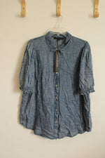 NEW Jane Delancey Chambray Denim Puff Sleeve Button Down Collared Shirt | XL