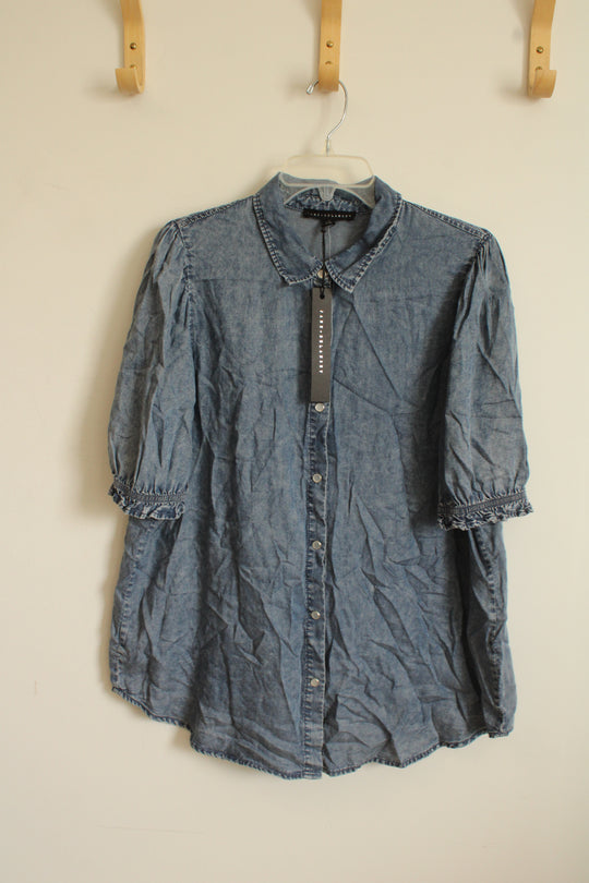 NEW Jane Delancey Chambray Denim Puff Sleeve Button Down Collared Shirt | XL