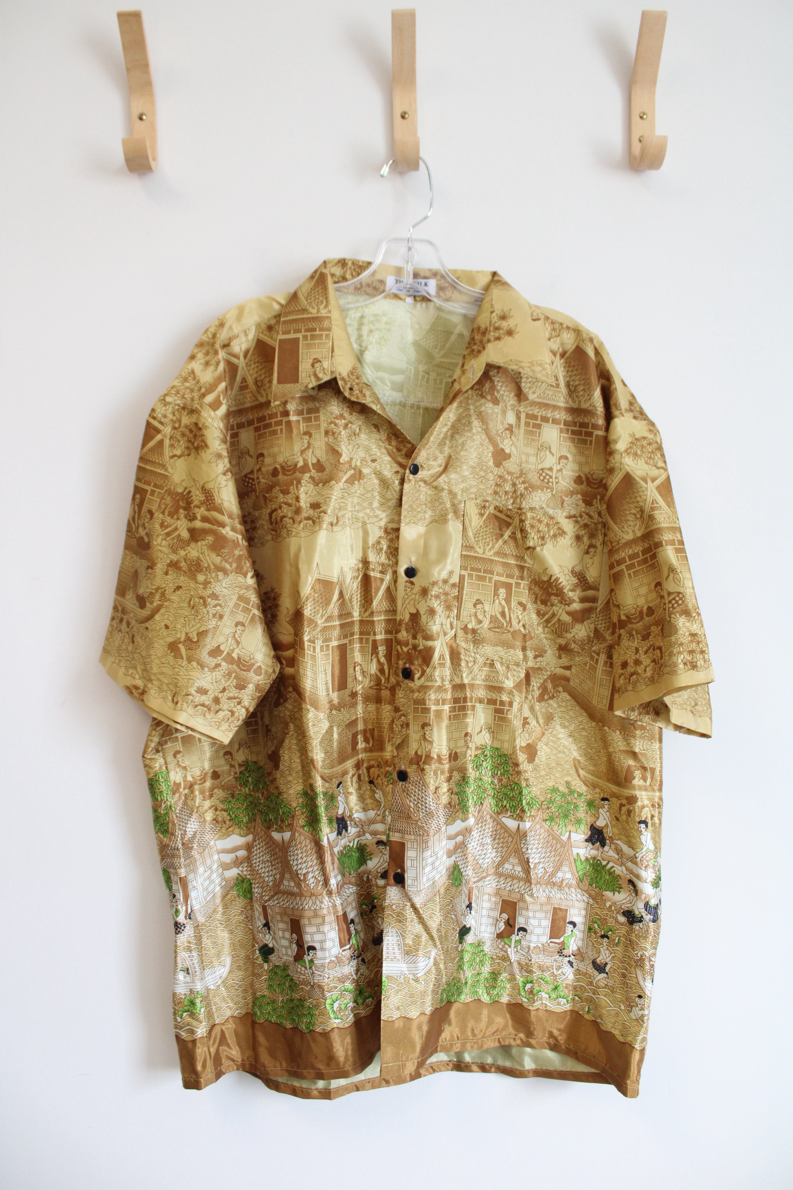 Thai Silk By Apple Gold Patterned Button Down Shirt | XXL