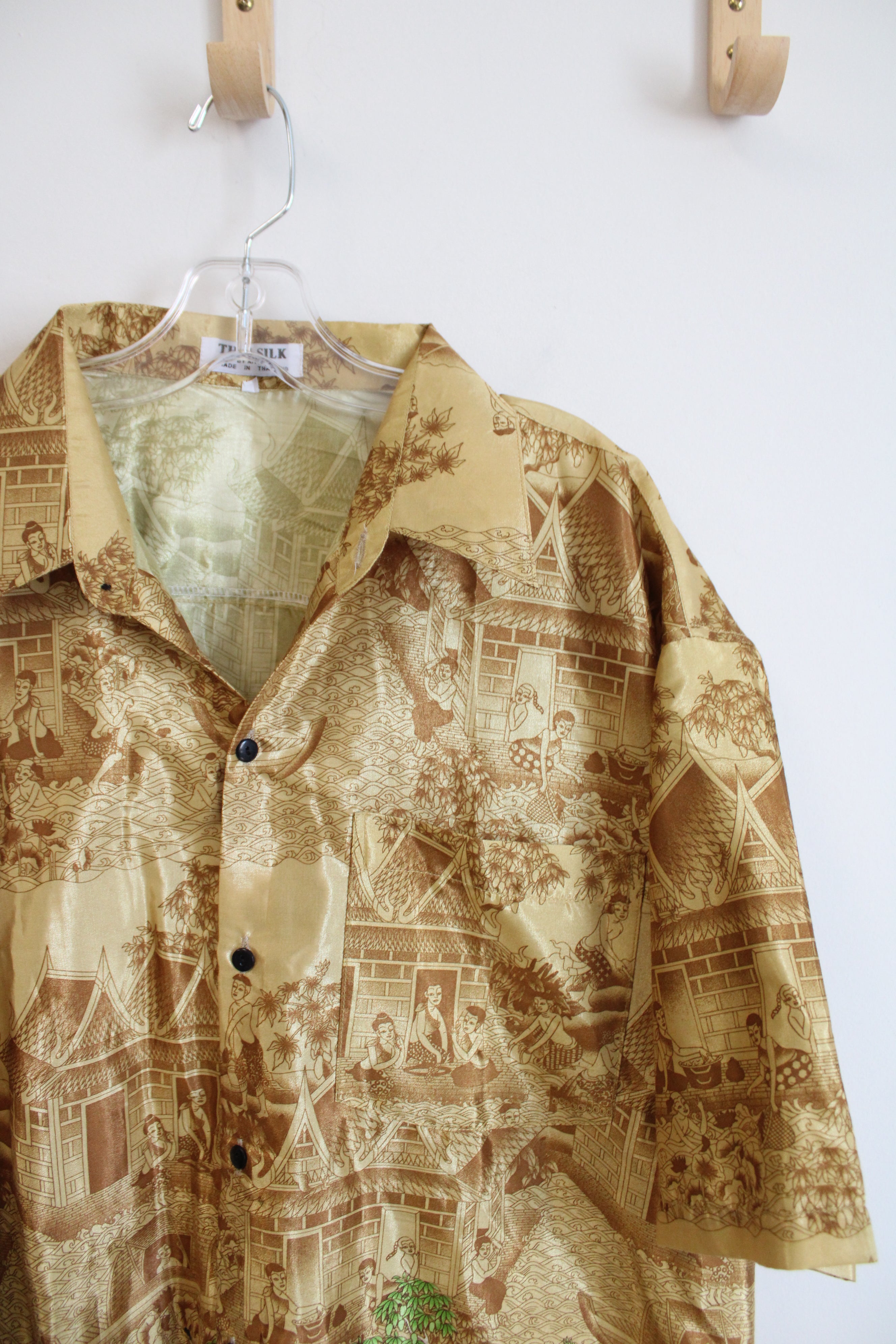 Thai Silk By Apple Gold Patterned Button Down Shirt | XXL