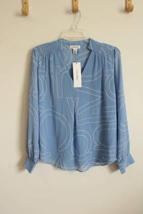 NEW Calvin Klein Light Blue And White Printed Chiffon Blouse | S