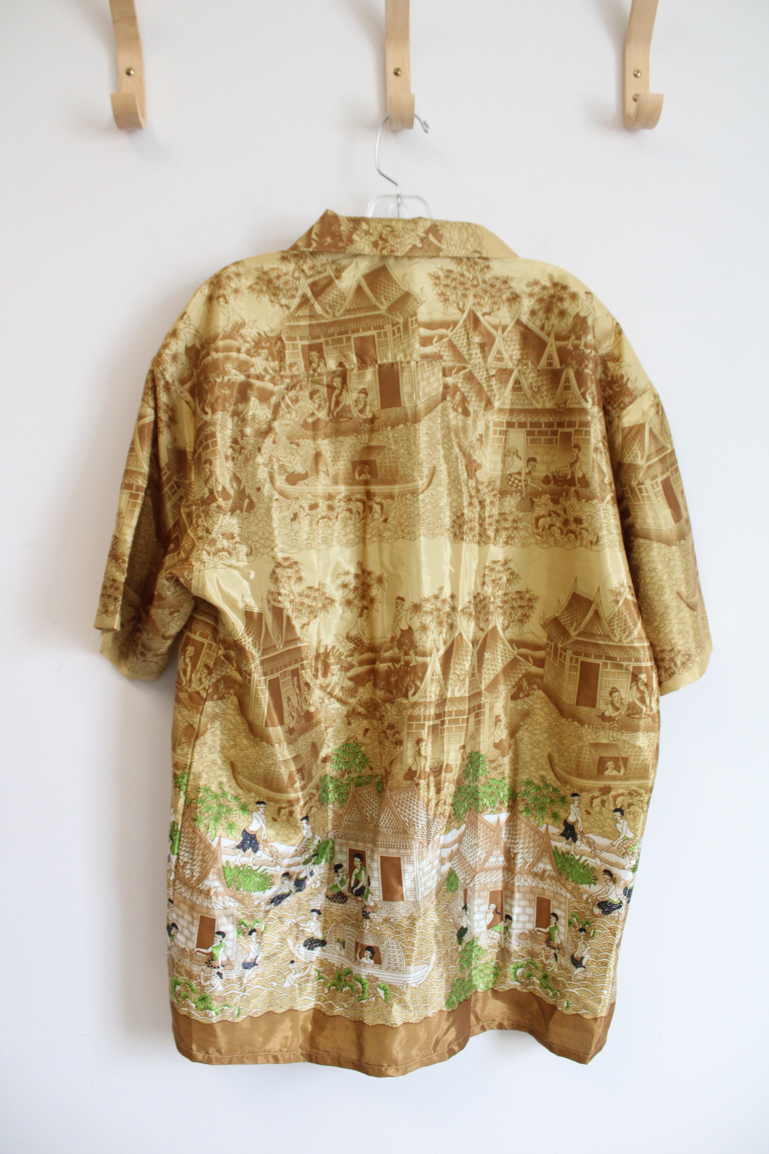 Thai Silk By Apple Gold Patterned Button Down Shirt | XXL