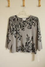 NEW Alfred Dunner Metallic Silver and Black Leaf Printed 3/4 Sleeve Sweater | XL