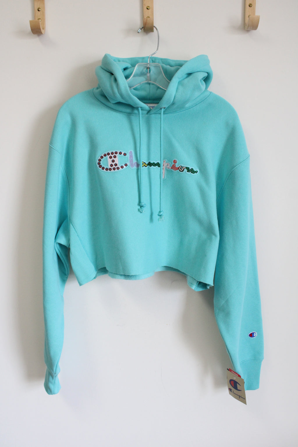 NEW Champion Blue Reverse Weave Embroidered Logo Crop Hoodie | M