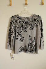 NEW Alfred Dunner Metallic Silver and Black Leaf Printed 3/4 Sleeve Sweater | XL