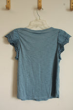 NEW Lauren Conrad Blue Ruffle Lace Sleeve Shirt | S
