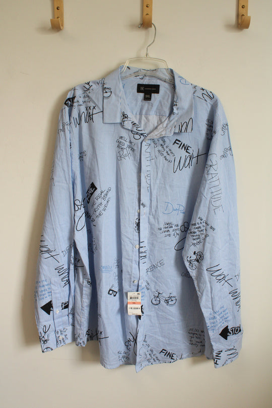 NEW INC International Concepts Blue and White Striped Button Down Shirt with Graffiti Text | 3XL