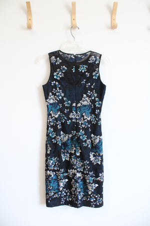 White House Black Market Black Blue & Gray Floral Embroidered Dress | 0