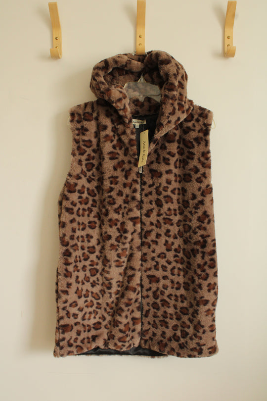 NEW Ava and Kate Cheetah Print Faux Fur Hooded Vest with Zipper | S/M