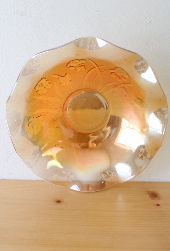 Vintage Jeannette Carnival Glass Iridescent Orange Iris Ruffle Bowl