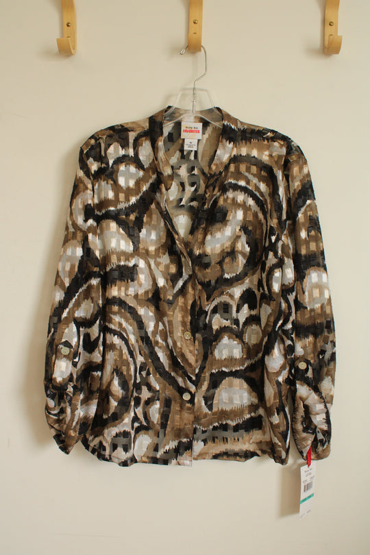 NEW Ruby Rd Favorites Sheer Black Tan and White Printed Button Down Blouse | 16