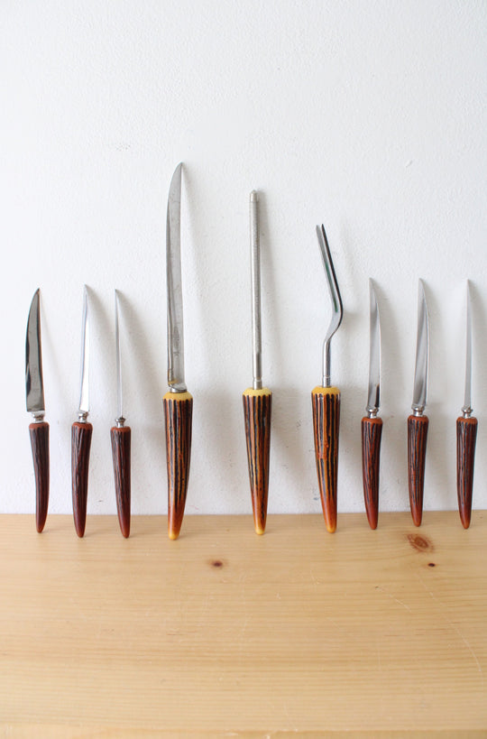 Sheffield Crown Crest E. Parker & Sons Stainless Steel Antler Handled Knife Set | 9 Pieces