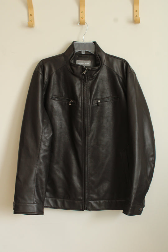 Michael Kors Brown Perforated Faux-Leather Moto Jacket | 2XL