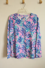 Lilly Pulitzer Luxletic Pink Blue and Teal Printed Floral Cotton Crewneck Sweatshirt with Side Zippers and Pockets | L