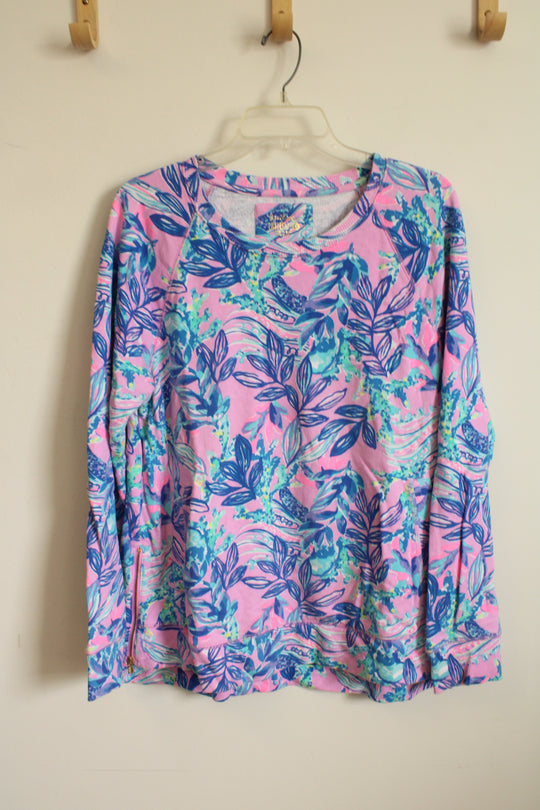 Lilly Pulitzer Luxletic Pink Blue and Teal Printed Floral Cotton Crewneck Sweatshirt with Side Zippers and Pockets | L
