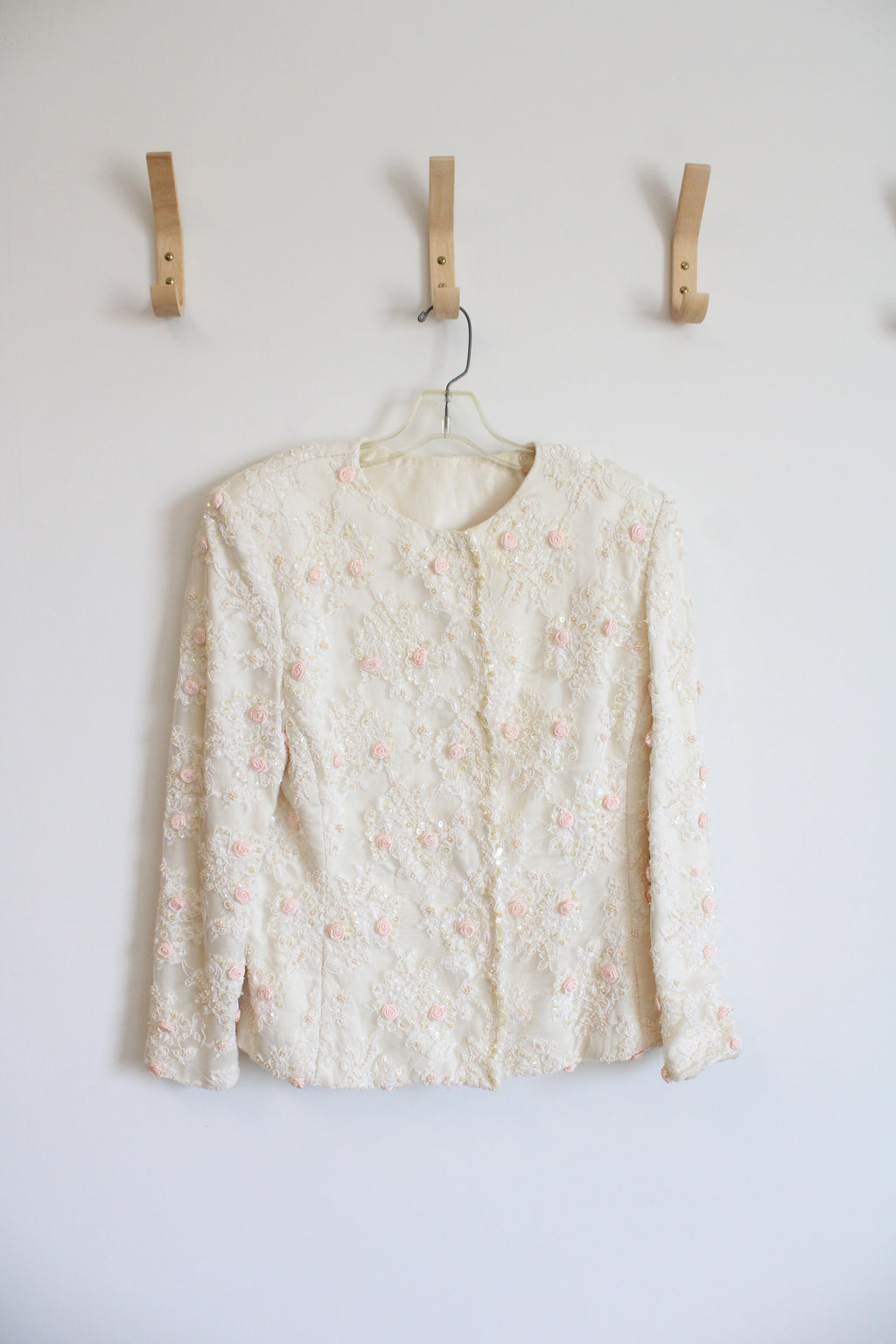 Vintage Rina Di Montella Cream Embellished Pearl & Mini Roses Top | M